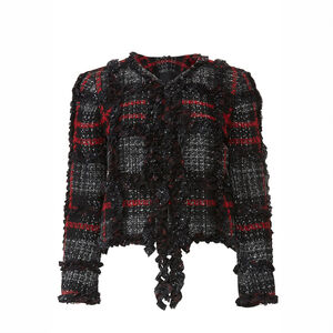 The Kooples Tweed Plaid Jacket Black Red Fringed Trim FR 1 US S